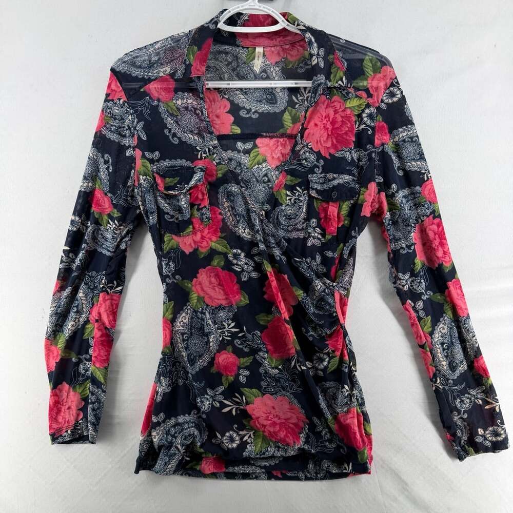 1549 DNA Couture Size L Floral Mesh Long Sleeve Wrap Blouse